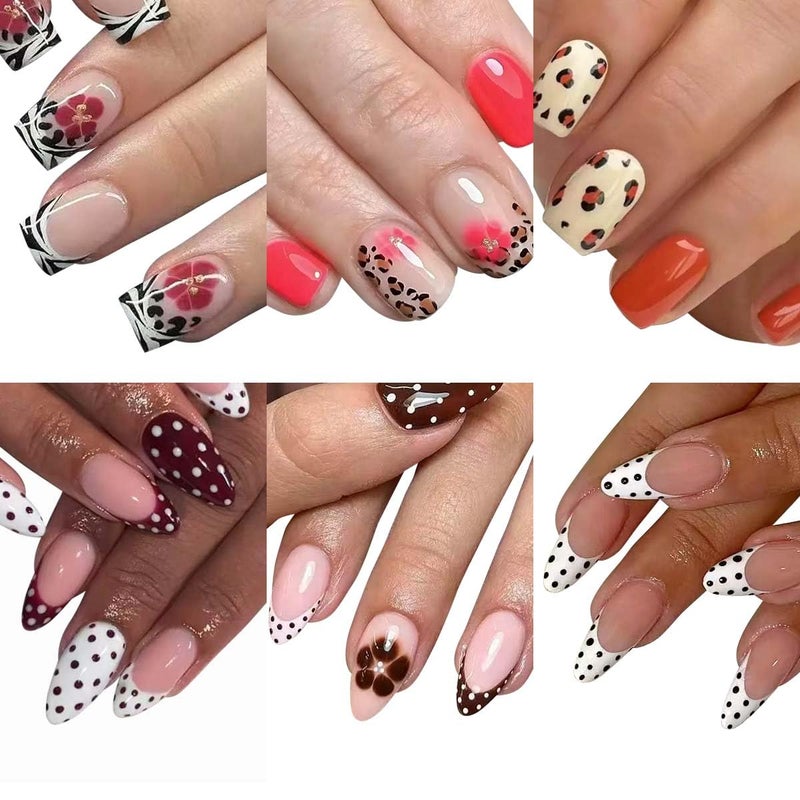 CTTHNBD 6 Packs (144 Pcs) Press on Nails Short Square, Almond Press on Nails, with Leopard Print Polka Dot Design French Tip Fake Nails for Women - 12 Sizes, 6Styles - Image 1